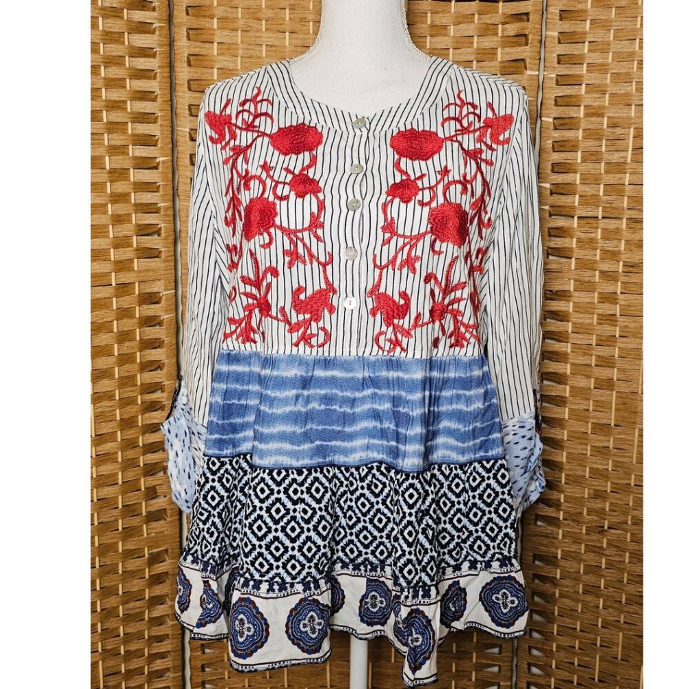 John Mark Red Embroidered & Blue Patchwork Tunic - Picture 4 of 8